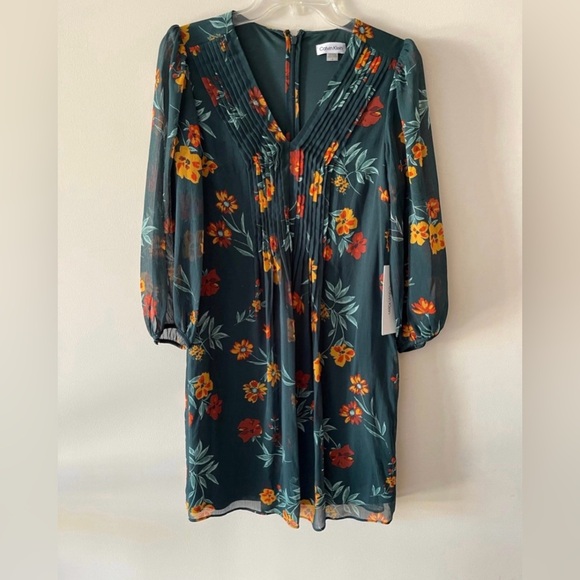 Calvin Klein Green Floral Print Multicolor Chiffon Shift Mini Dress - Picture 4 of 6